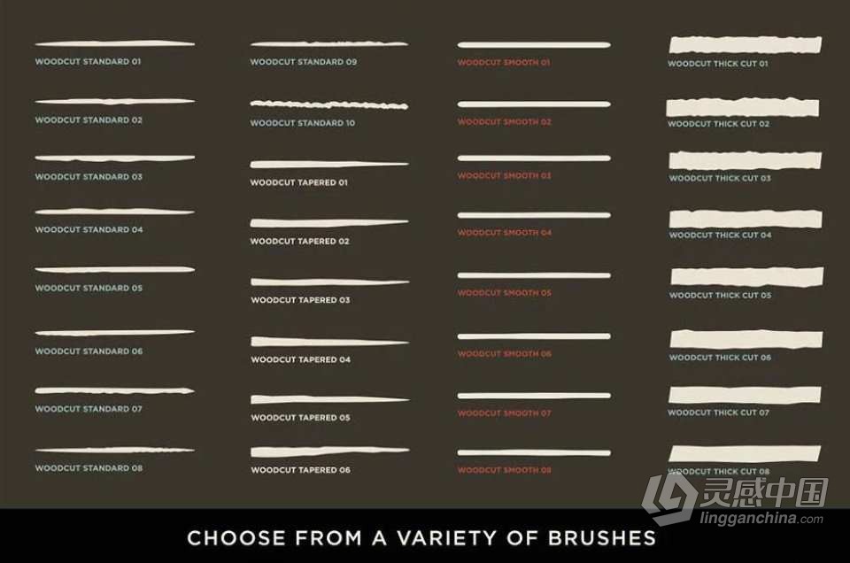 木刻版画雕刻纹理逼真效果PS/AI笔刷 The Woodcut Brush Kit For Adobe Illustrator  灵感中国网 www.lingganchina.com