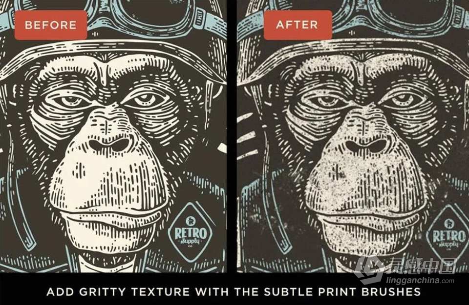 木刻版画雕刻纹理逼真效果PS/AI笔刷 The Woodcut Brush Kit For Adobe Illustrator  灵感中国网 www.lingganchina.com