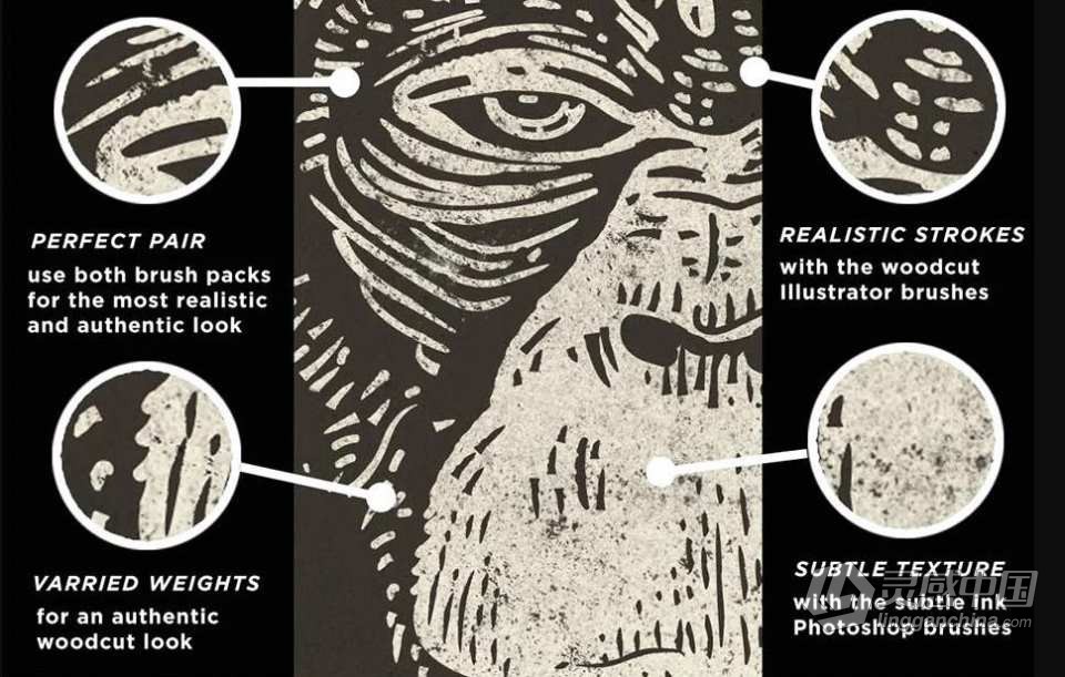 木刻版画雕刻纹理逼真效果PS/AI笔刷 The Woodcut Brush Kit For Adobe Illustrator  灵感中国网 www.lingganchina.com