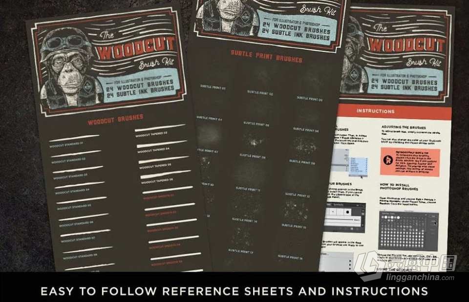 木刻版画雕刻纹理逼真效果PS/AI笔刷 The Woodcut Brush Kit For Adobe Illustrator  灵感中国网 www.lingganchina.com