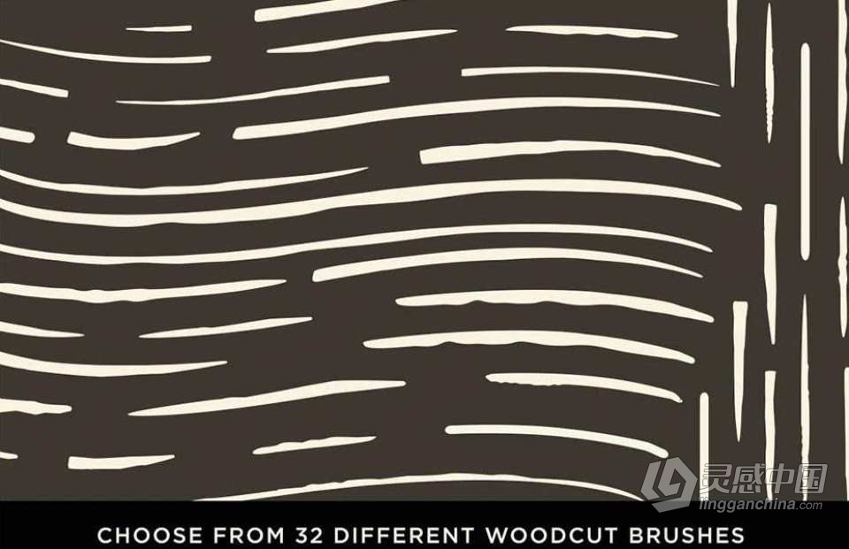 木刻版画雕刻纹理逼真效果PS/AI笔刷 The Woodcut Brush Kit For Adobe Illustrator  灵感中国网 www.lingganchina.com
