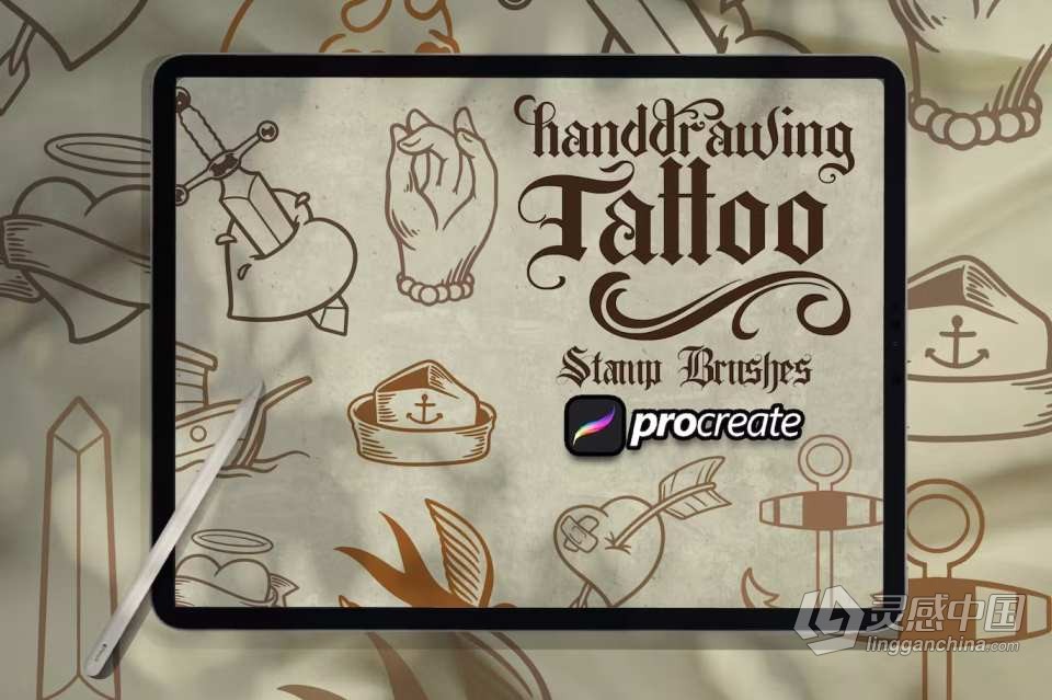 [Procreate笔刷]10个适用于Ipad绘画的复古纹身手绘图案Procreate笔刷 Hand Drawing Tattoos Brush Stamp  灵感中国网 www.lingganchina.com
