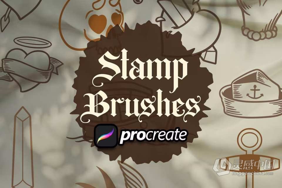 [Procreate笔刷]10个适用于Ipad绘画的复古纹身手绘图案Procreate笔刷 Hand Drawing Tattoos Brush Stamp  灵感中国网 www.lingganchina.com