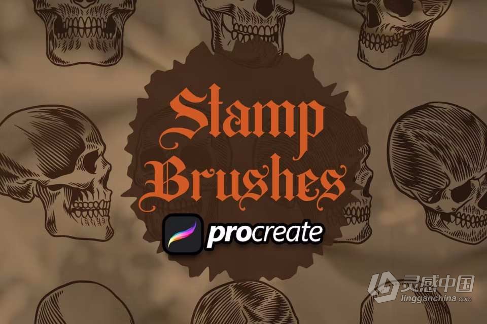 【Procreate笔刷】10个Ipad绘画的复古骷髅魔鬼头像Procreate笔刷 Vintage Skull Brush Stamp  灵感中国社区 www.lingganchina.com