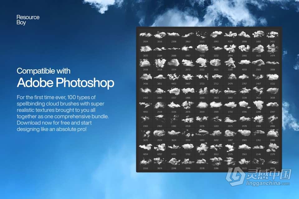 【PS笔刷】10个4K高清天空云彩白云PS绘画笔刷 100 Cloud Photoshop Brushes  灵感中国网 www.lingganchina.com