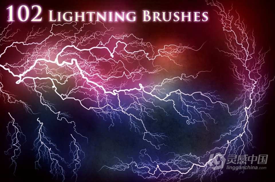 【PS笔刷】102个雷击闪电高压电流特效PS笔刷 102 Lightning Brushes  灵感中国网 www.lingganchina.com