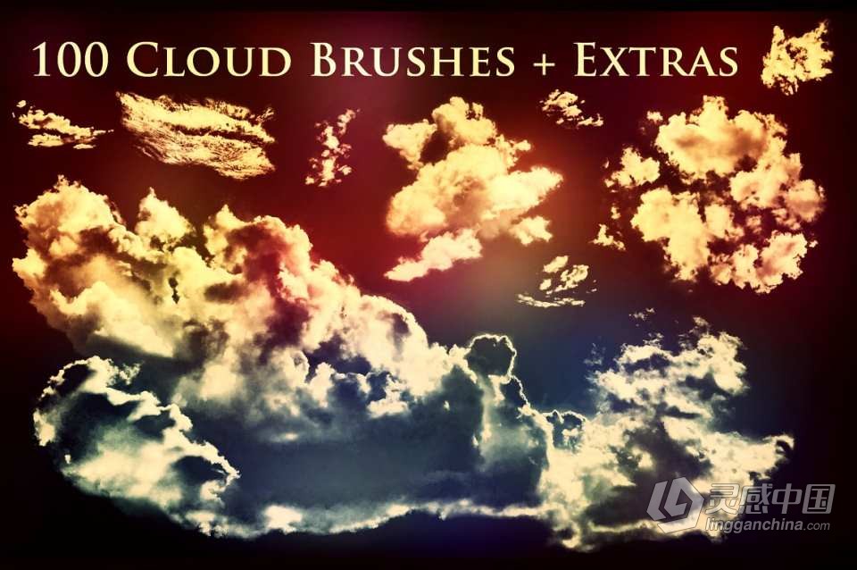 【PS笔刷】100个白云乌云云彩图形PS笔刷 100 Cloud Brushes +Extras  灵感中国网 www.lingganchina.com
