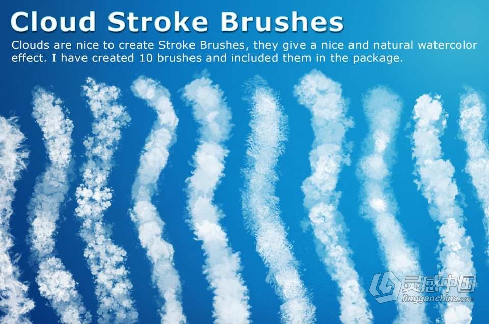 【PS笔刷】100个白云乌云云彩图形PS笔刷 100 Cloud Brushes +Extras  灵感中国社区 www.lingganchina.com