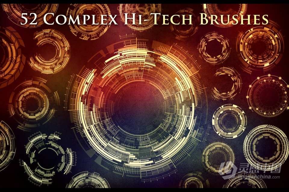 【PS笔刷】52个复杂组合未来科幻高科技圆环圆圈PS笔刷Affinity画笔Procreate笔刷 52 Complex Futuristic Circle B  灵感中国网 www.lingganchina.com