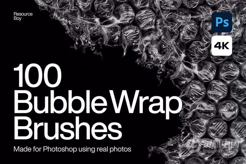 【PS笔刷】100个4K透明塑料气泡薄膜覆盖效果PS笔刷 100 Bubble Wrap Photoshop Brushes  灵感中国网 www.lingganchina.com