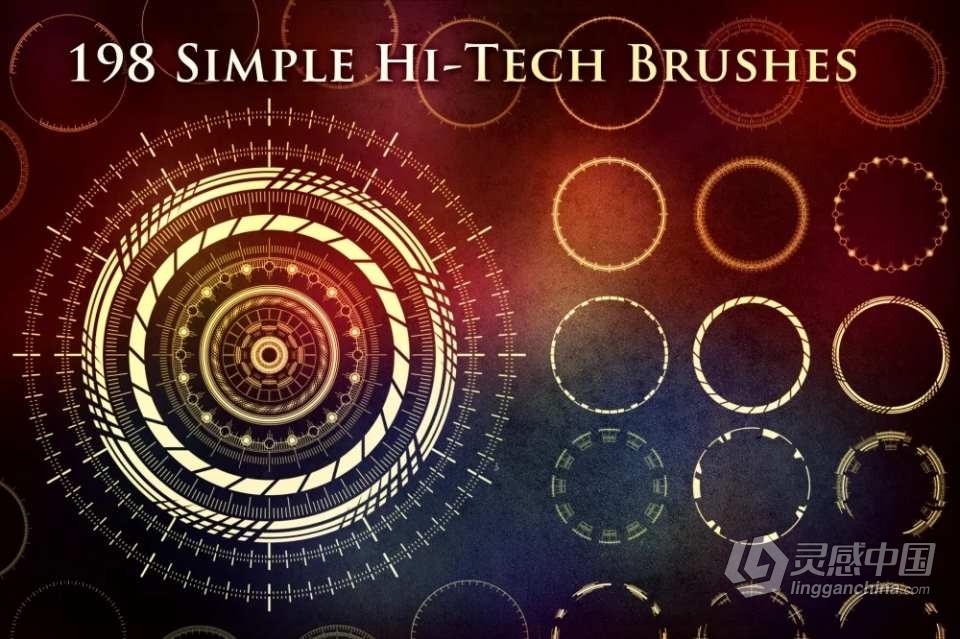 【PS笔刷】198种简单的未来派圆形圆环图案PS笔刷Affinity画笔Procreate笔刷 198 Simple Futuristic Circle Bru  灵感中国网 www.lingganchina.com