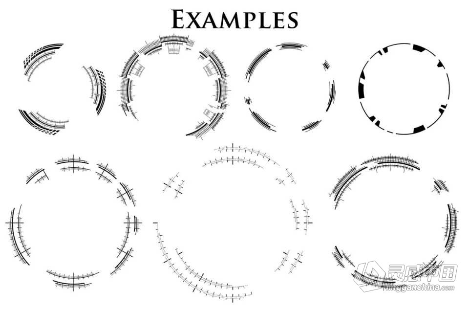 【PS笔刷】198种简单的未来派圆形圆环图案PS笔刷Affinity画笔Procreate笔刷 198 Simple Futuristic Circle Bru  灵感中国社区 www.lingganchina.com