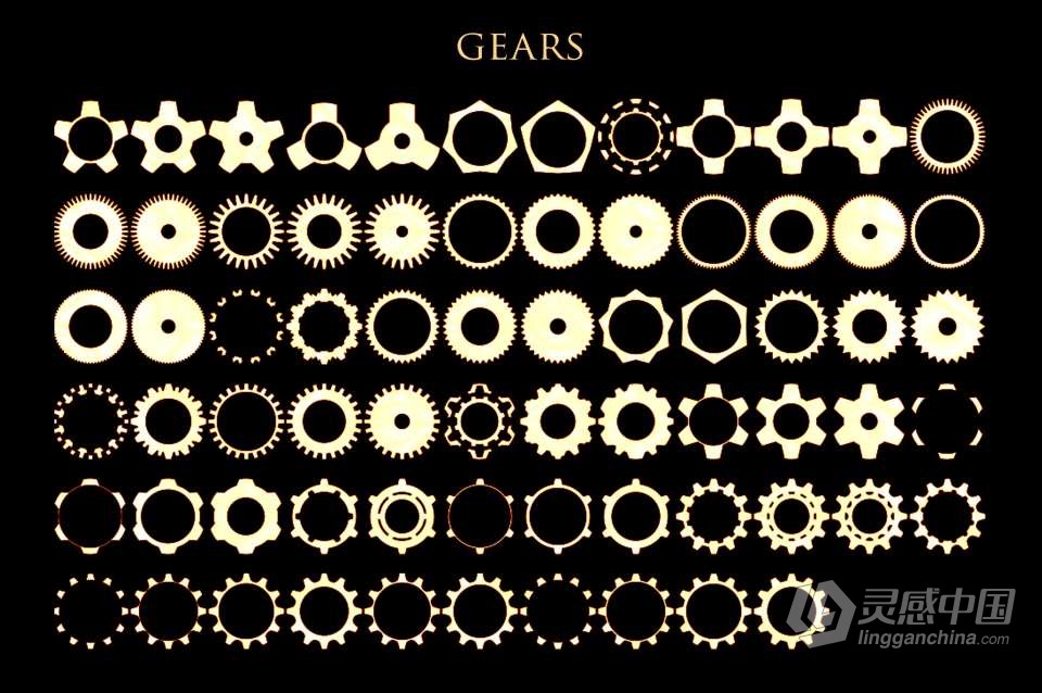 【PS笔刷】70个高分辨率工业齿轮图案PS笔刷Affinity画笔Procreate笔刷 Gear Toolkit  灵感中国网 www.lingganchina.com