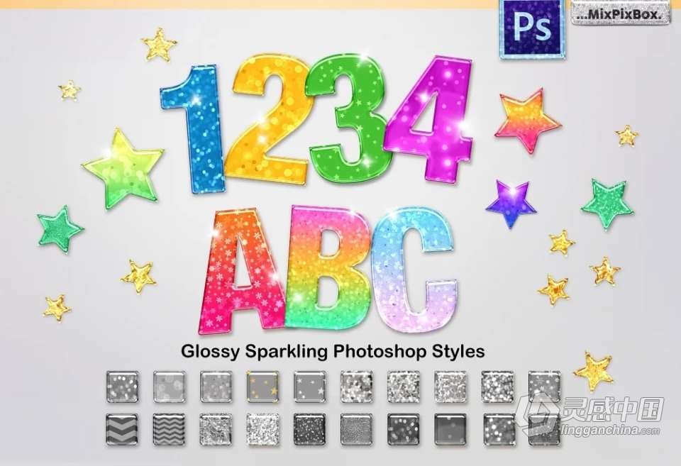 【PS样式】44个闪亮发光和渐变光泽PS图层样式笔刷 Sparkling Glossy Layer Styles for PS  灵感中国网 www.lingganchina.com