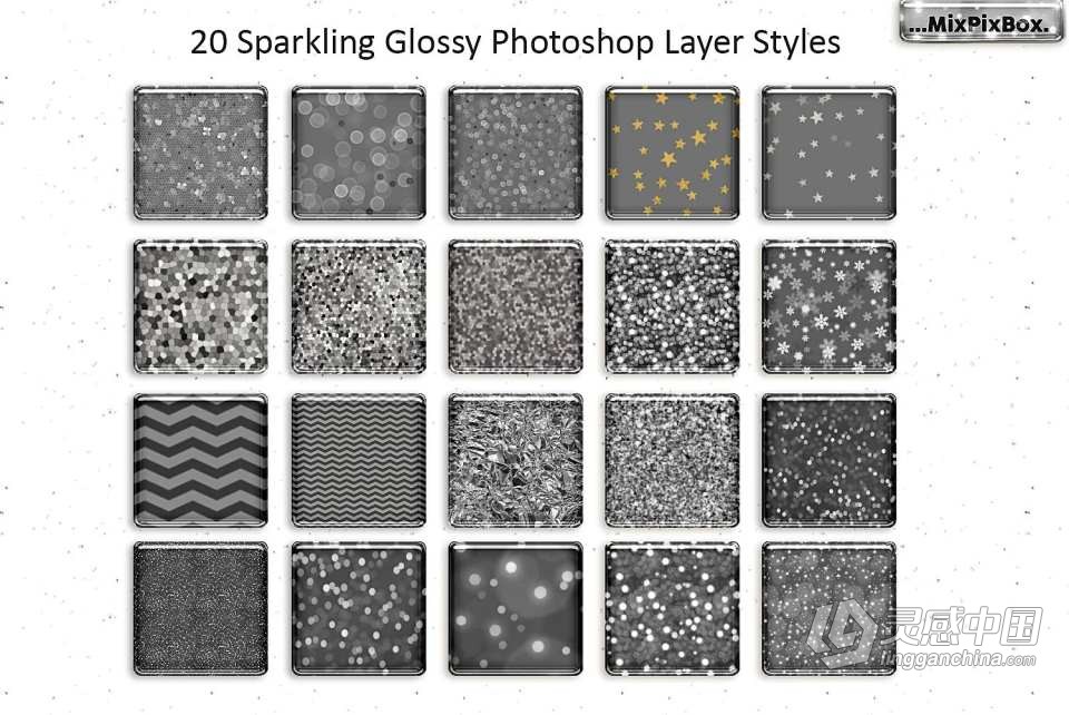 【PS样式】44个闪亮发光和渐变光泽PS图层样式笔刷 Sparkling Glossy Layer Styles for PS  灵感中国网 www.lingganchina.com