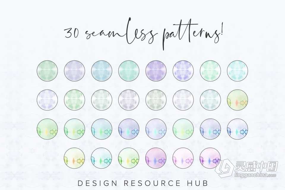 【PS样式】30种淡雅柔和水彩纹理图案文本样式PS样式AI色板 Pastel Cool Watercolor PS Styles  灵感中国网 www.lingganchina.com