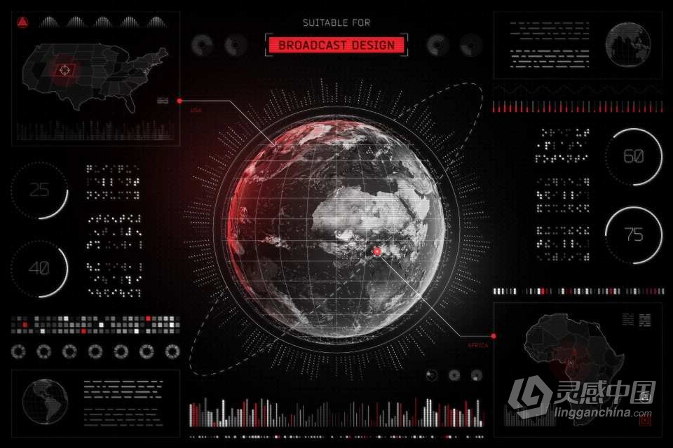 【PS笔刷/模板】200+未来科技HUD信息图标形状屏幕元素抽象科幻UI界面矢量设计素材 Futuristic UI – 200 design elements  灵感中国网 www.lingganchina.com