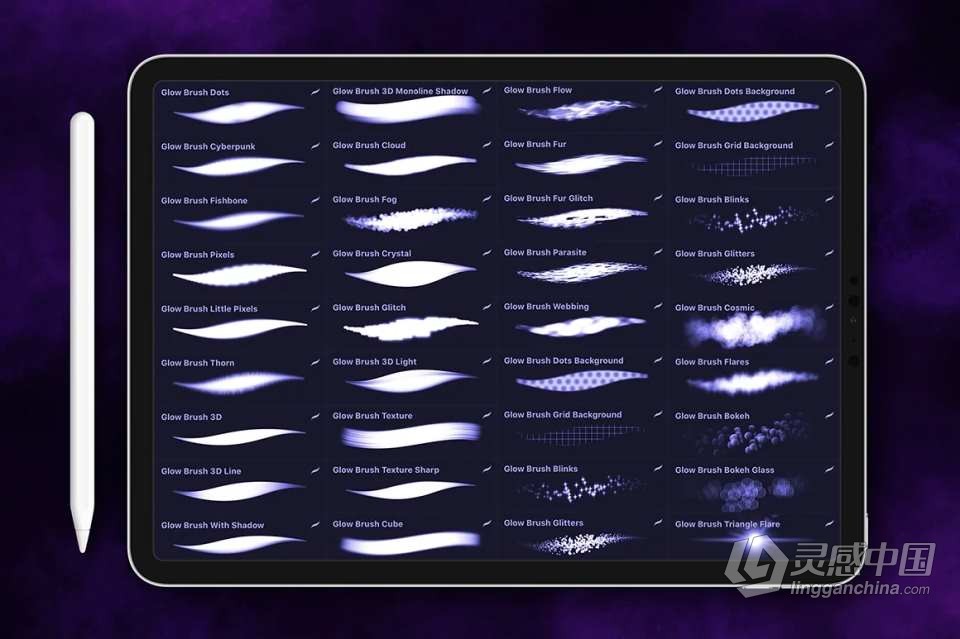【Procreate笔刷】30组Procreate赛博朋克霓虹文本发光画笔笔刷 30+ Procreate Glow Brushes  灵感中国网 www.lingganchina.com