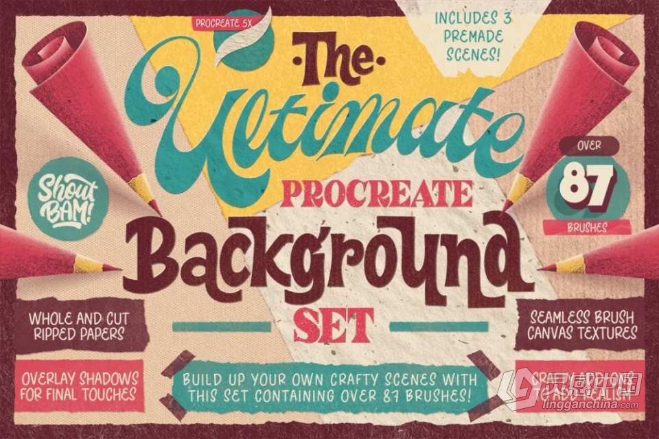 【Procreate笔刷】87套Procreate复古怀旧纸张撕纸插图纹理背景Procreate画笔 The Ultimate Procreate Backgr  灵感中国网 www.lingganchina.com