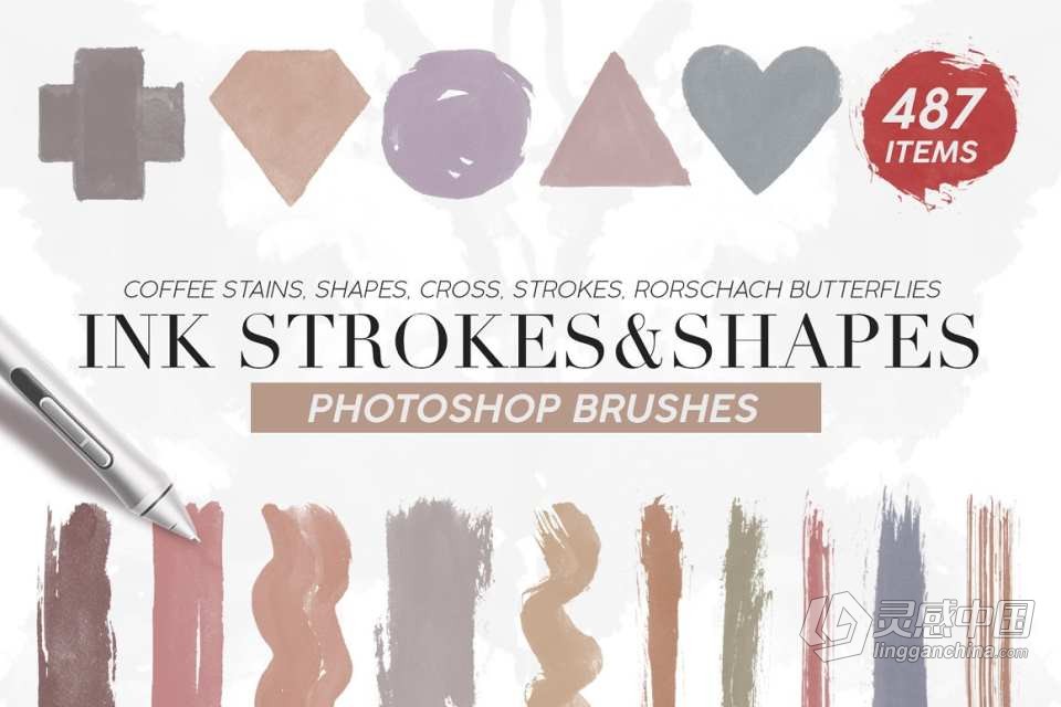 【PS笔刷】487支水墨笔触形状Photoshop笔刷 487 Ink Shapes Photoshop Brushes  灵感中国网 www.lingganchina.com