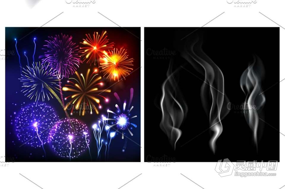30+烟花闪电流星彩虹火焰爆炸烟雾等创意设计矢量素材 Big Graphic Effects Set  灵感中国网 www.lingganchina.com