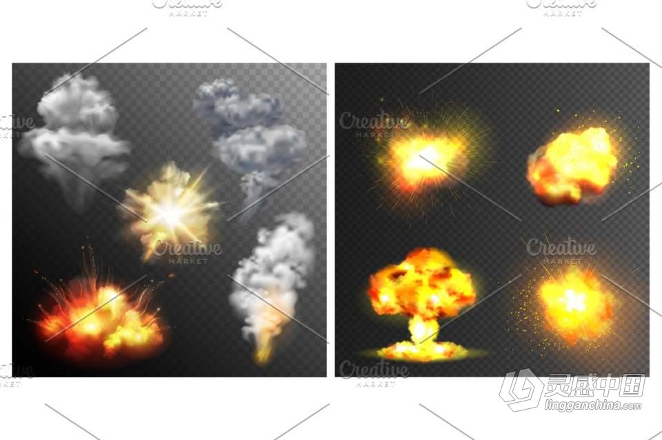 30+烟花闪电流星彩虹火焰爆炸烟雾等创意设计矢量素材 Big Graphic Effects Set  灵感中国网 www.lingganchina.com