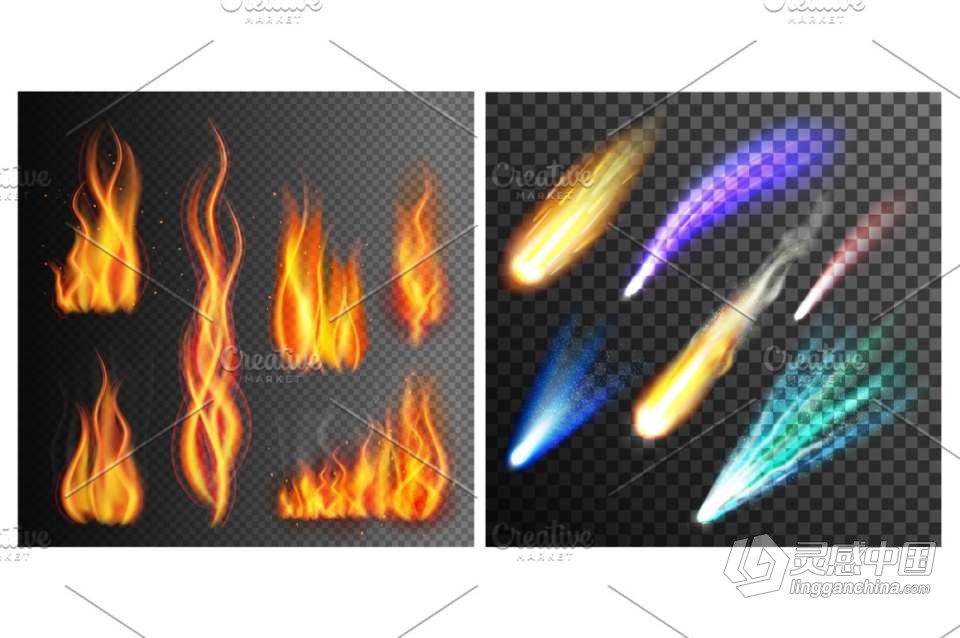 30+烟花闪电流星彩虹火焰爆炸烟雾等创意设计矢量素材 Big Graphic Effects Set  灵感中国网 www.lingganchina.com