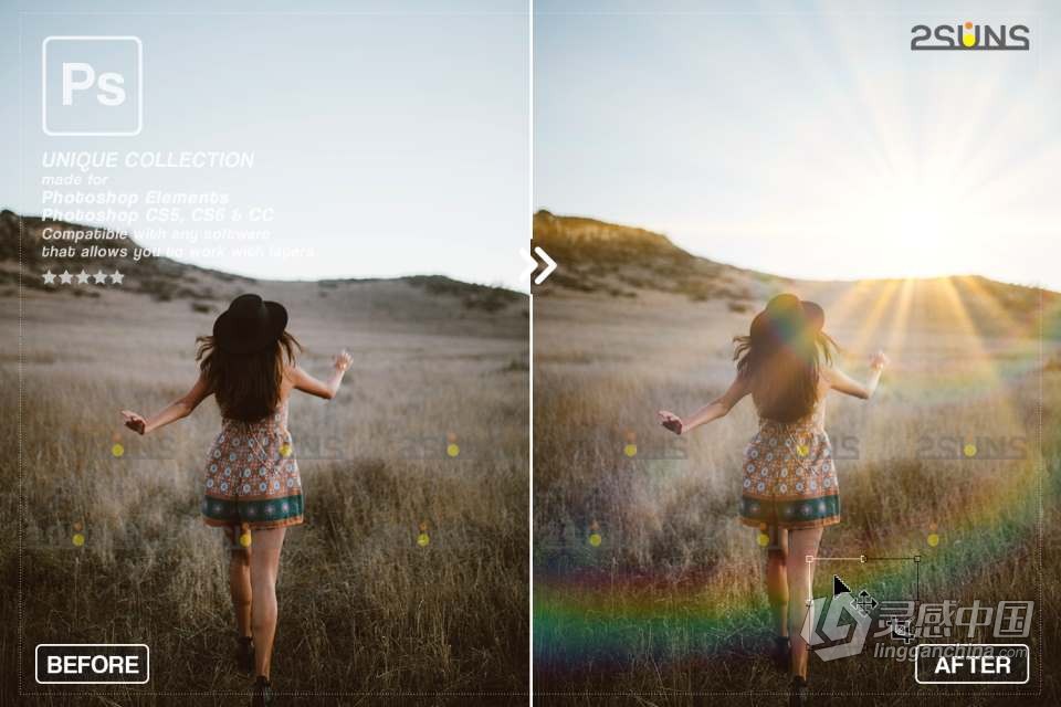 16张金色日落镜头光晕散景光斑照片叠加合成素材 Sunlight Photoshop overlay  灵感中国网 www.lingganchina.com