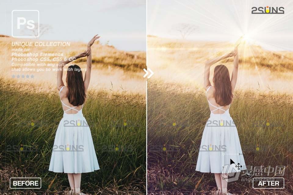 16张金色日落镜头光晕散景光斑照片叠加合成素材 Sunlight Photoshop overlay  灵感中国网 www.lingganchina.com