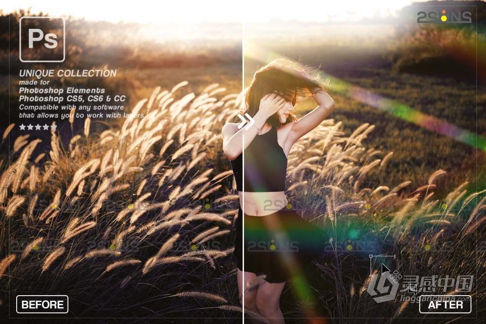 16张金色日落镜头光晕散景光斑照片叠加合成素材 Sunlight Photoshop overlay  灵感中国网 www.lingganchina.com