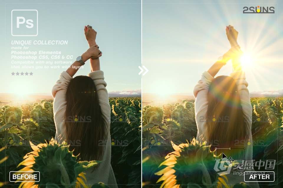 16张金色日落镜头光晕散景光斑照片叠加合成素材 Sunlight Photoshop overlay  灵感中国网 www.lingganchina.com