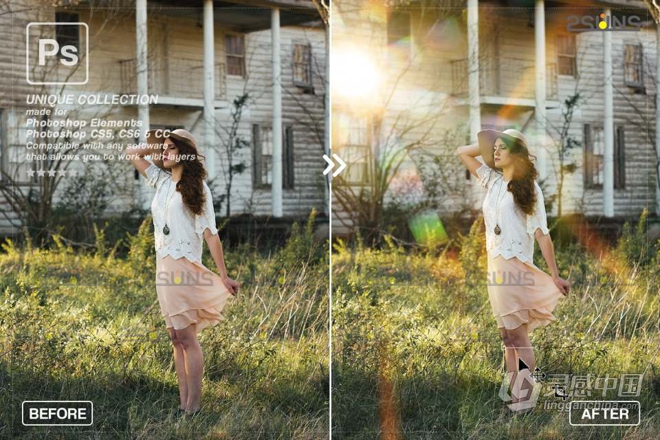 16张金色日落镜头光晕散景光斑照片叠加合成素材 Sunlight Photoshop overlay  灵感中国网 www.lingganchina.com