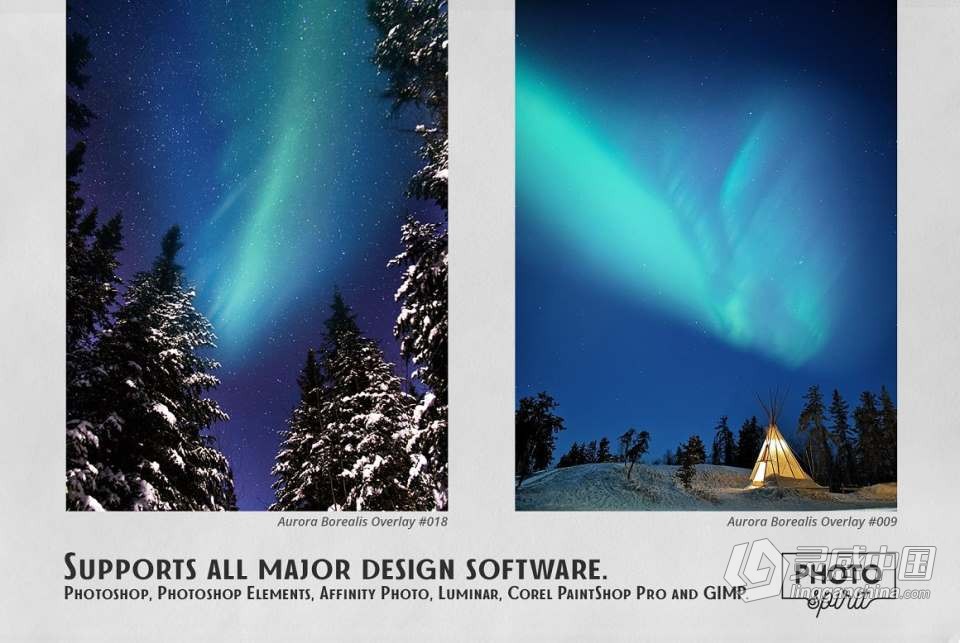 22种北极极光夜景天空合成叠加高清图片素材 Aurora Borealis Effect Overlays  灵感中国网 www.lingganchina.com