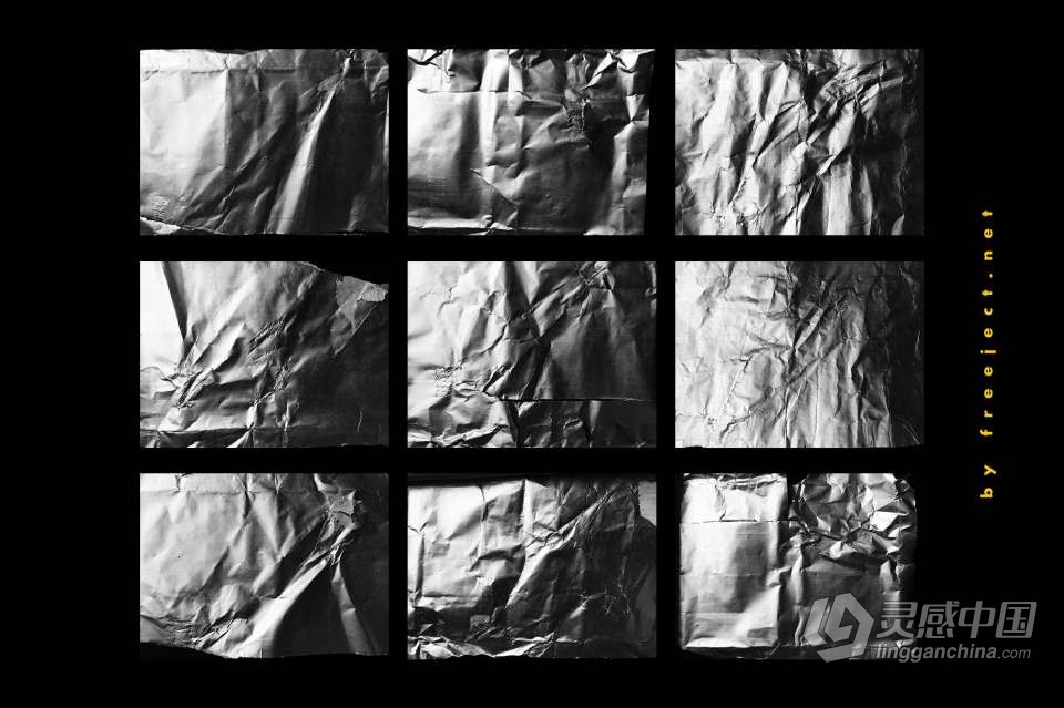 18张皱巴巴的锡箔纸褶皱纹理设计合成素材 15+ Crumpled Foil Texture  灵感中国网 www.lingganchina.com