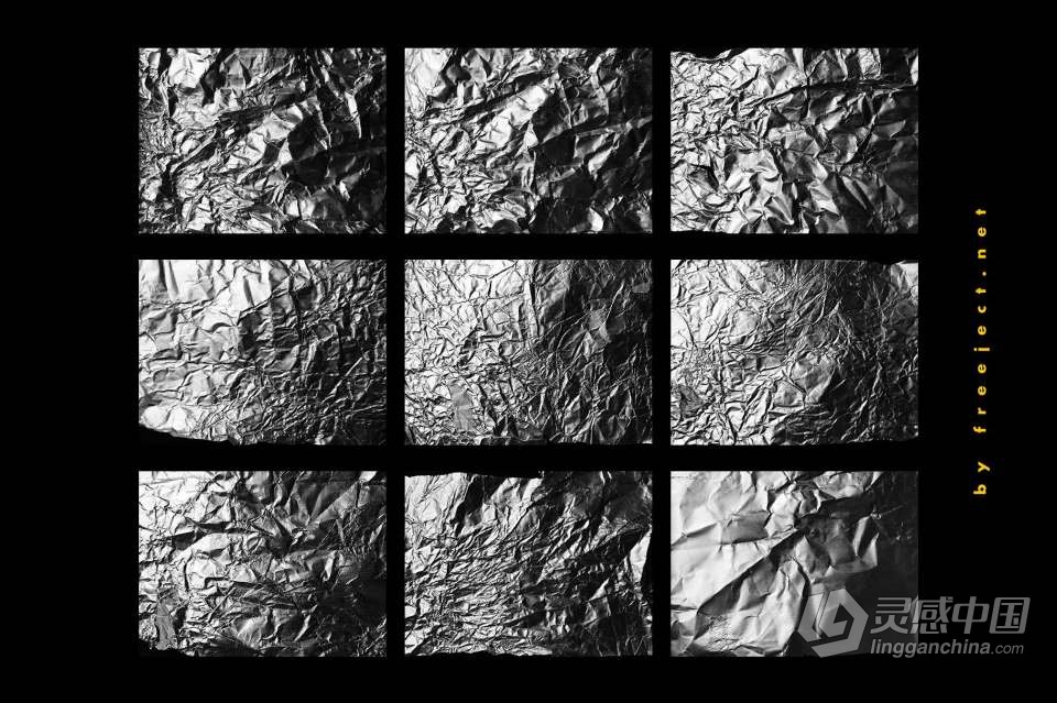 18张皱巴巴的锡箔纸褶皱纹理设计合成素材 15+ Crumpled Foil Texture  灵感中国网 www.lingganchina.com