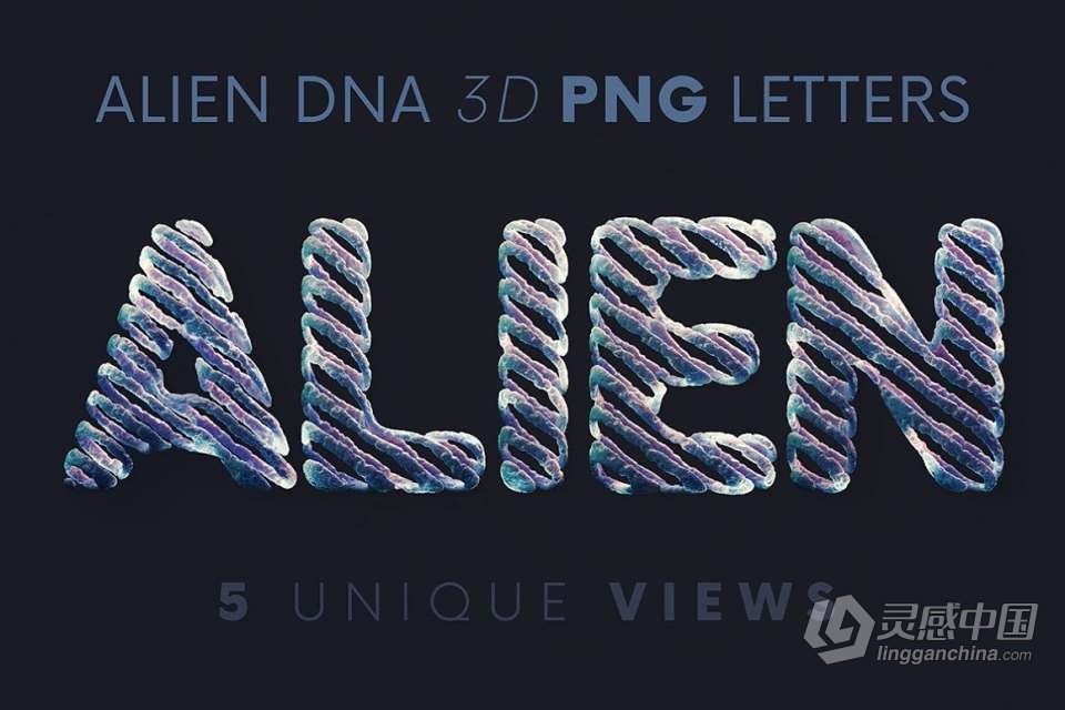 44张外星人DNA基因链科学图形组合3D字母PNG素材 Alien DNA Science – 3D Lettering  灵感中国网 www.lingganchina.com
