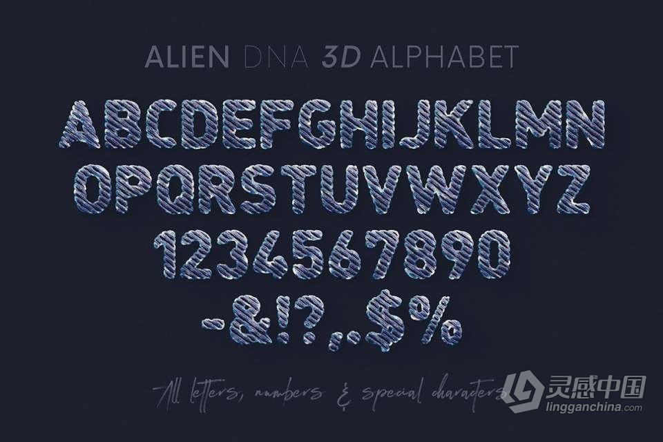 44张外星人DNA基因链科学图形组合3D字母PNG素材 Alien DNA Science – 3D Lettering  灵感中国网 www.lingganchina.com