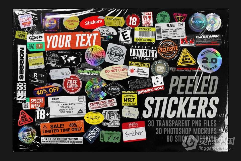 200+透明标签卡片贴纸图片设计素材PSD模型样机 Peeled Paper Stickers  灵感中国网 www.lingganchina.com
