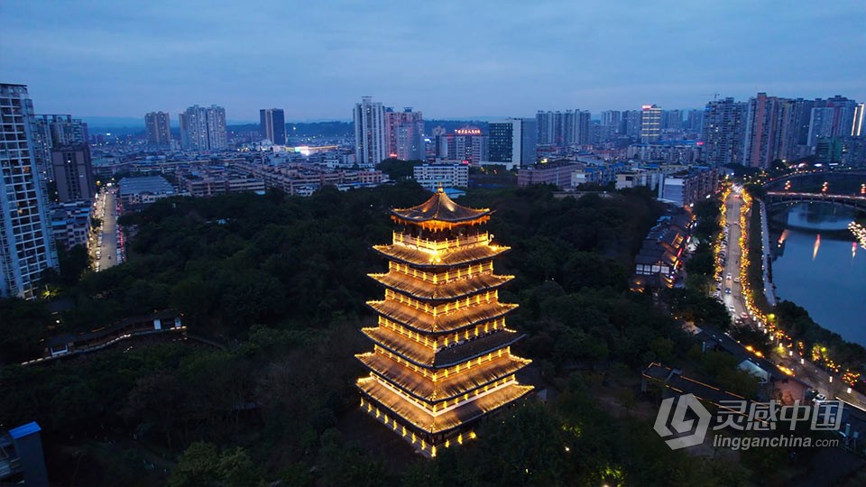 实拍视频素材-航拍夜幕下的古风古塔建筑夜景灯光实拍视频素材  灵感中国网 www.lingganchina.com