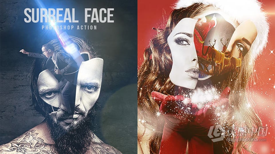 PS动作-超现实魔幻人物头像脸部破碎组合特效PS动作 Surreal Face – Photoshop Action  灵感中国网 www.lingganchina.com