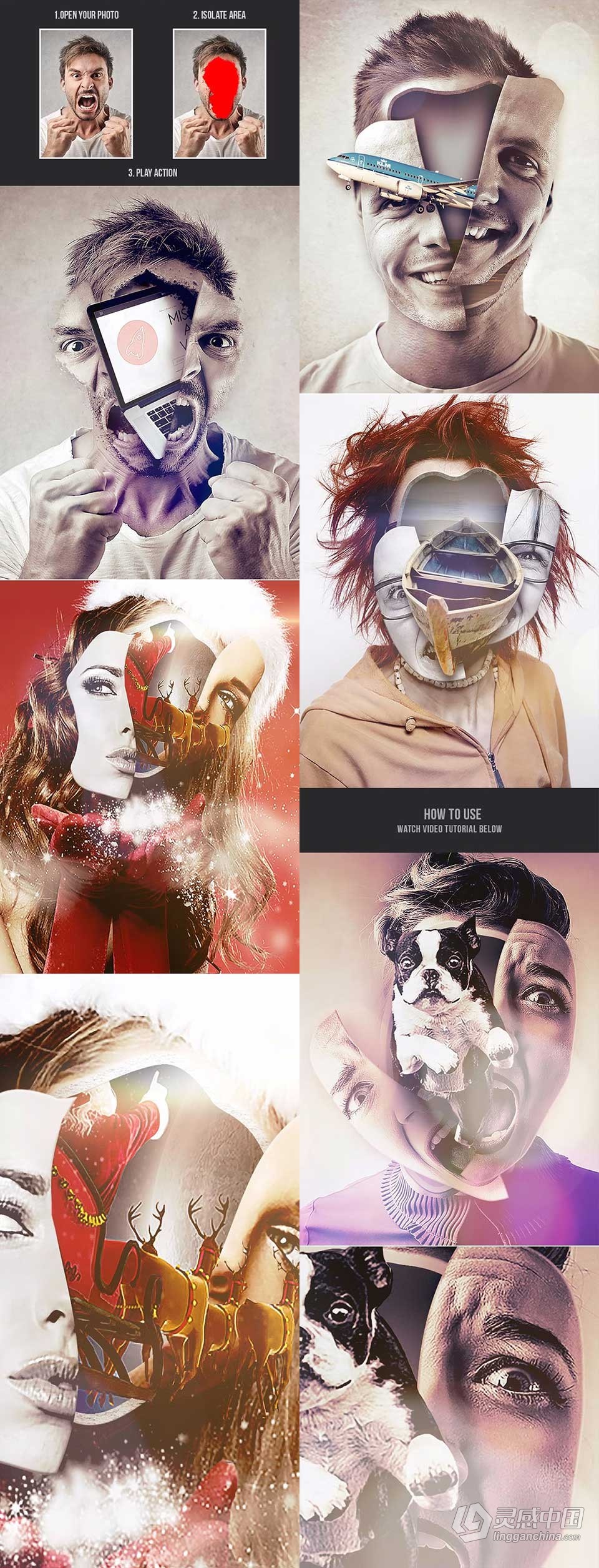 PS动作-超现实魔幻人物头像脸部破碎组合特效PS动作 Surreal Face – Photoshop Action  灵感中国网 www.lingganchina.com