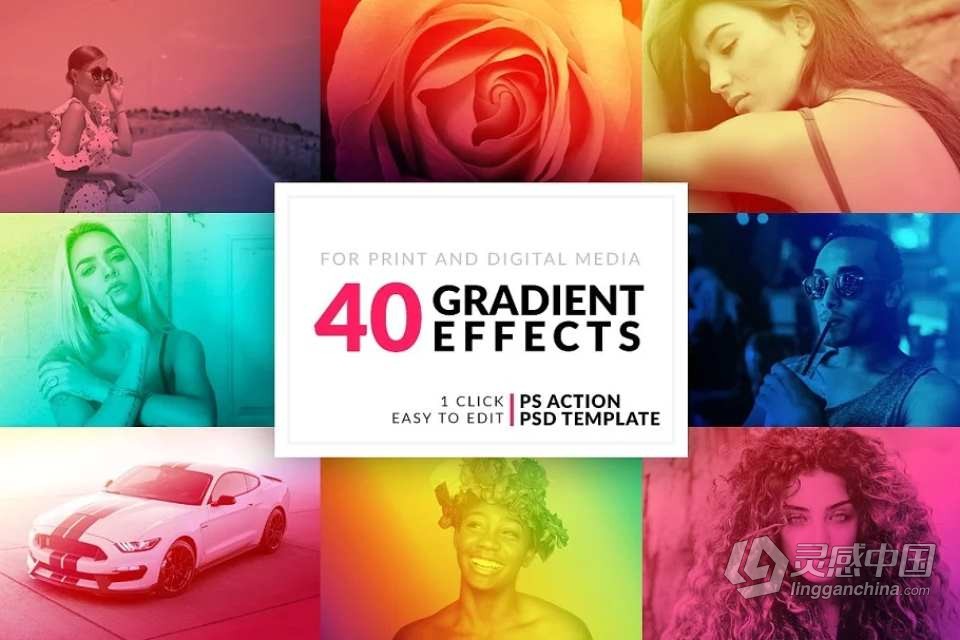 PS动作-90个双色调渐变照片色彩混合叠加PS调色动作套装 Duotone and Gradient Actions Bundle  灵感中国网 www.lingganchina.com