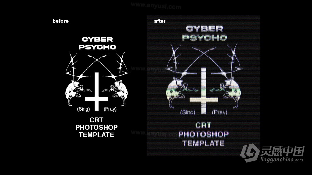 PSD模板-复古老式CRT屏幕色彩显示故障游戏文字图像错位失真特效PSD模板 CyberPsycho CRT Photoshop Template  灵感中国社区 www.lingganchina.com