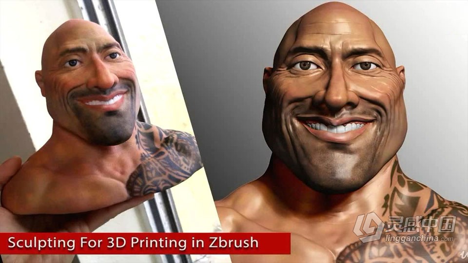 Zbrush巨石强森人物头部3D打印雕塑制作视频教程 中文字幕  灵感中国网 www.lingganchina.com
