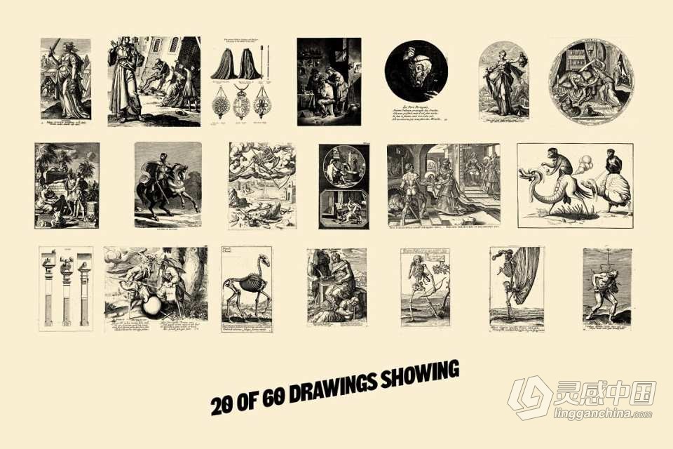 60张17世纪复古中世纪希腊神话素描绘画场景人物PNG图片素材 The Dark Times Drawings  灵感中国网 www.lingganchina.com
