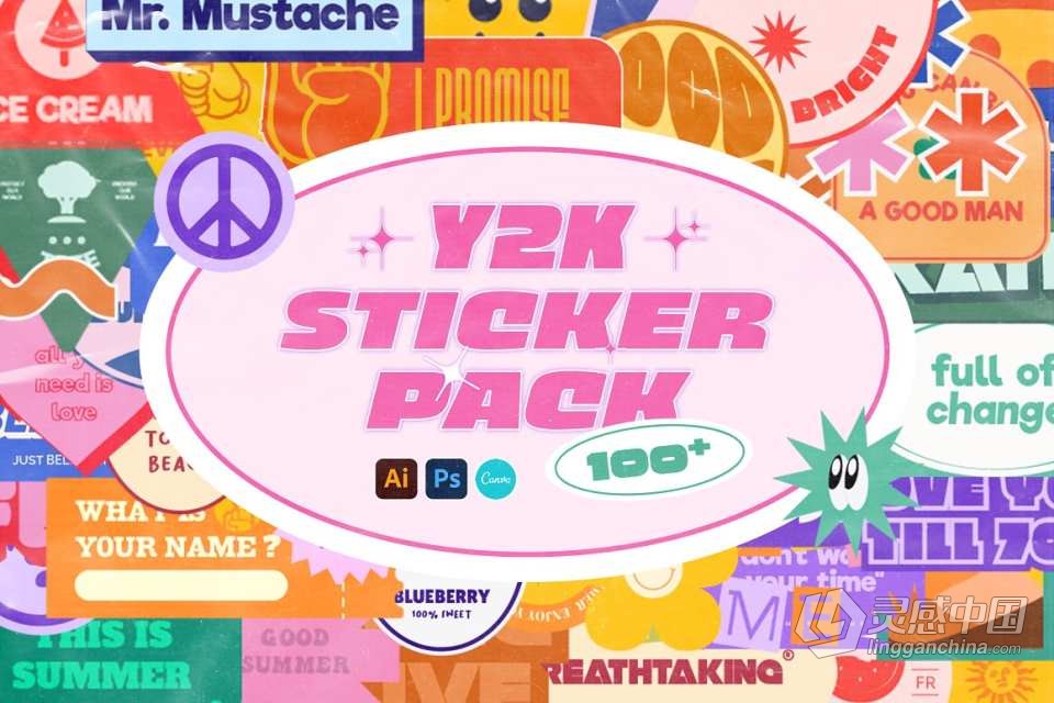 100款复古千禧风Y2K怀旧美学包装设计标签贴纸矢量图片素材 Y2K Sticker Pack  灵感中国网 www.lingganchina.com