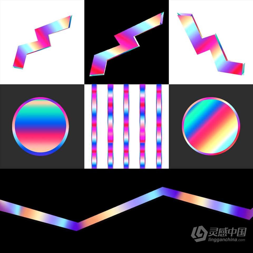 105张复古蒸汽波3D渐变条纹抽象艺术图形元素PNG设计素材 Retro Elements Pack  灵感中国网 www.lingganchina.com