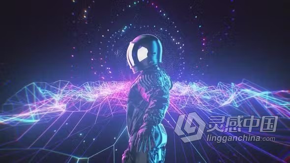 视频素材-有趣的舞蹈宇航员与霓虹灯复古灯脉动闪烁舞台背景VJ视频素材下载  灵感中国网 www.lingganchina.com