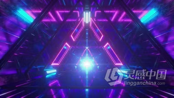视频素材-几何三角形金属走廊蓝紫色霓虹灯光隧道无尽飞行VJ视频素材下载  灵感中国网 www.lingganchina.com