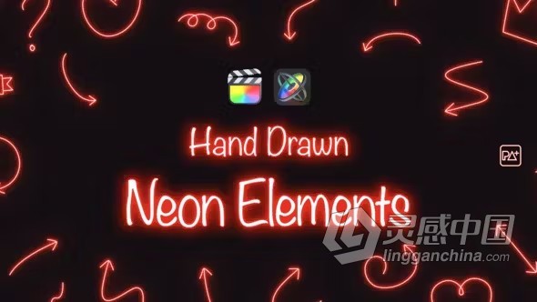 FCPX插件-48种手绘霓虹发光线条图形元素动画FCPX插件下载 Hand Drawn Neon Elements  灵感中国网 www.lingganchina.com